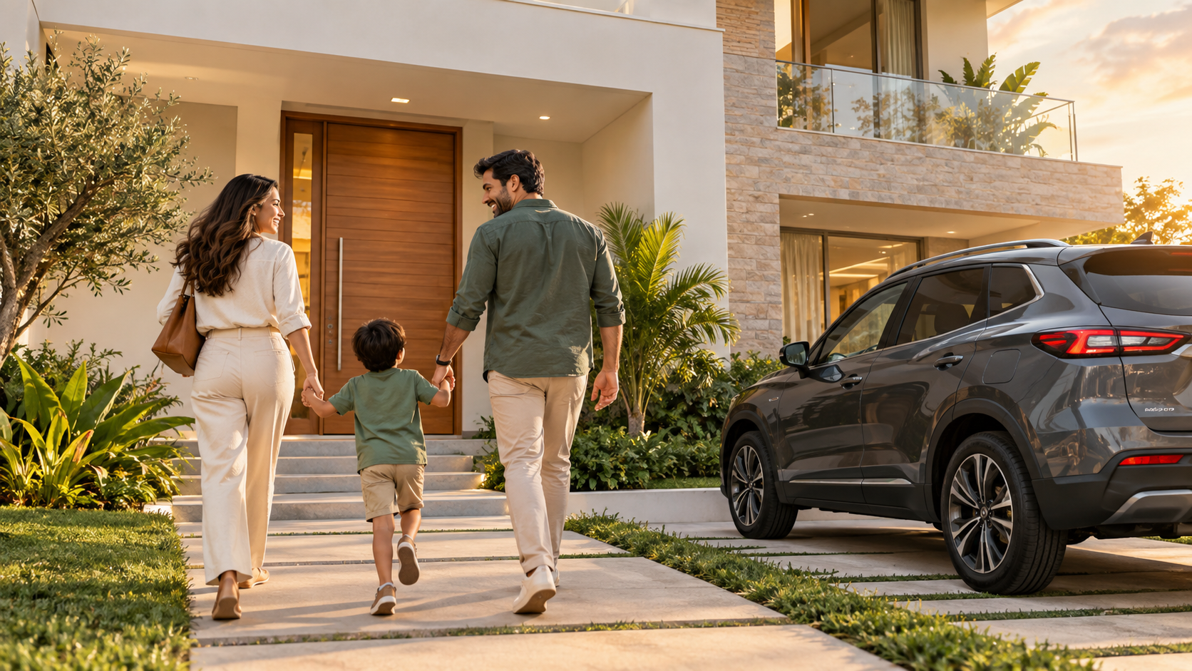 Família caminhando em direção a um veículo