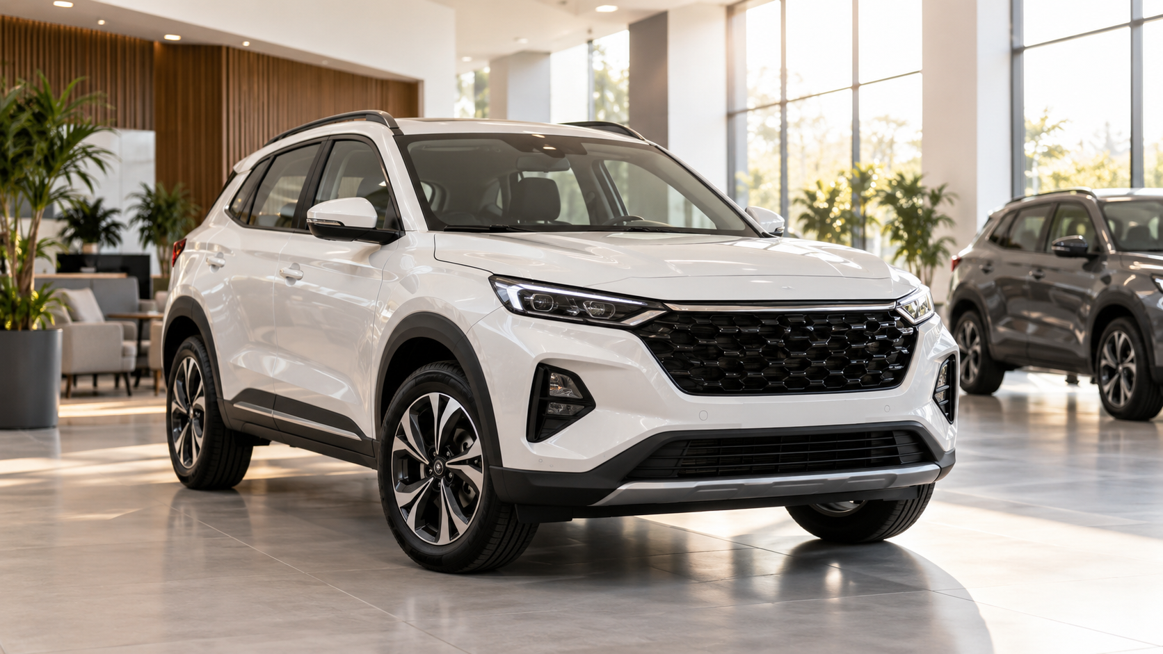 SUV branco em uma concessionária