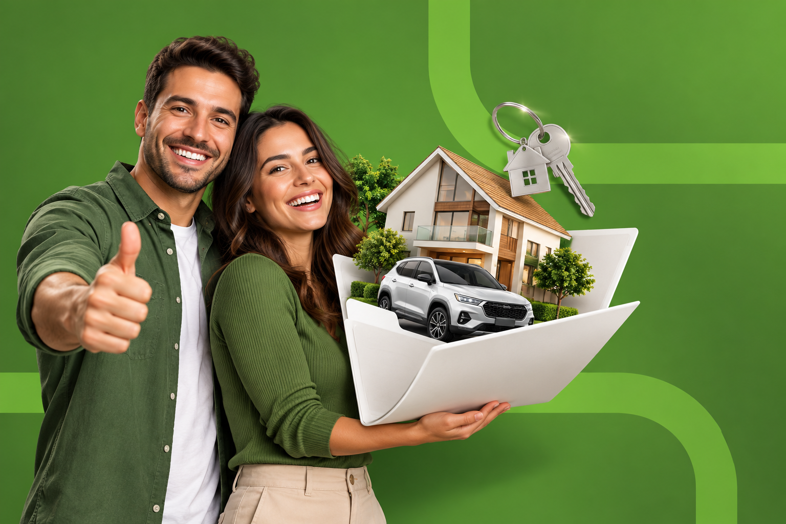 Casal feliz com a representação de uma casa e um carro