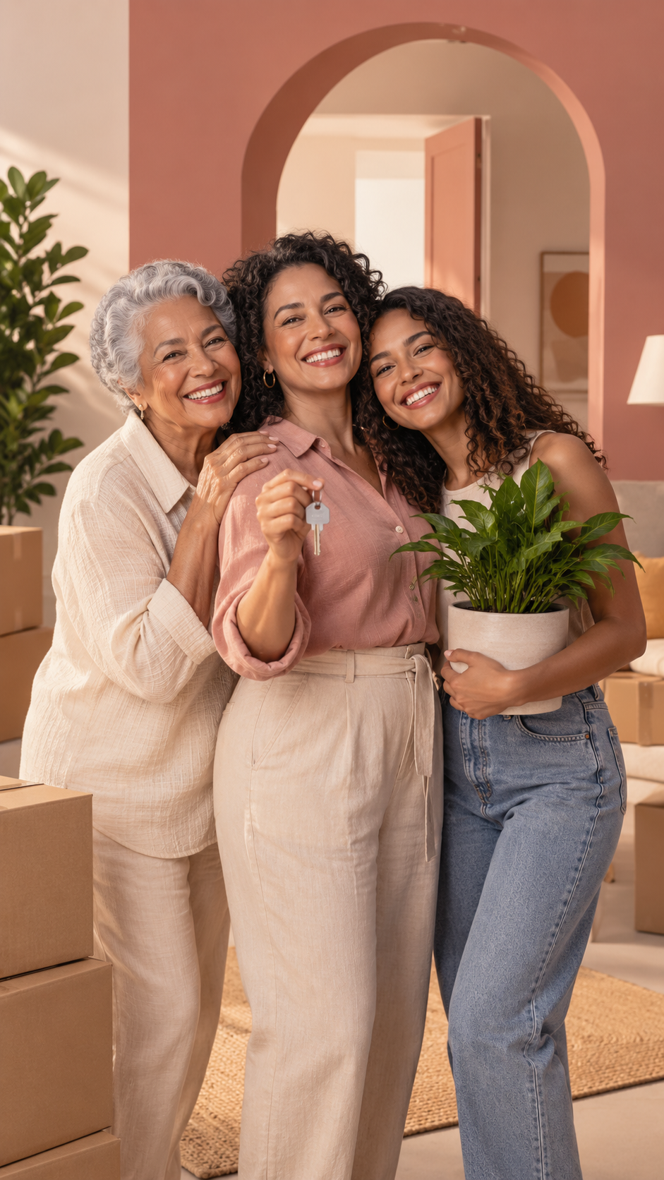 Três gerações de uma família celebrando uma nova casa